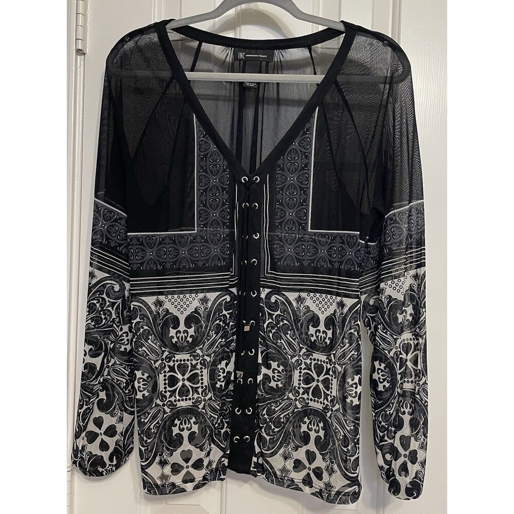 Inc International Concepts Women's Sheer Long Sleeve Blouse Black Gray Size L